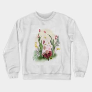 Ikebana watercolor red tulips with pink chrysanthemums Crewneck Sweatshirt